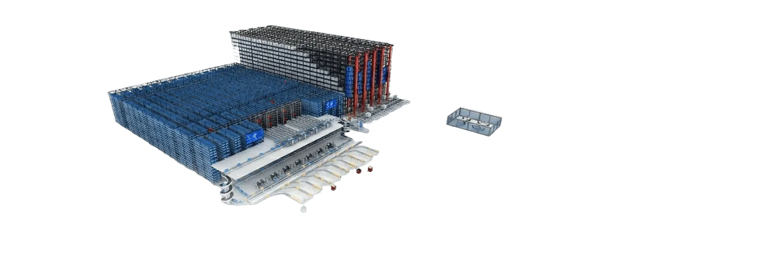 Automated pallet storage and retrieval system with high-bay racking