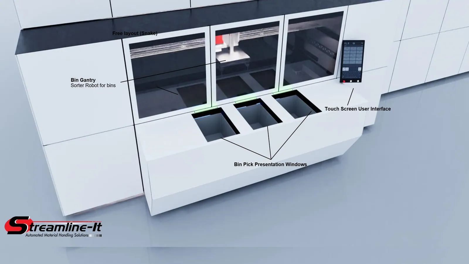 Cubic storage render showing single-bin handling bays and 22-inch touch graphical interfaces