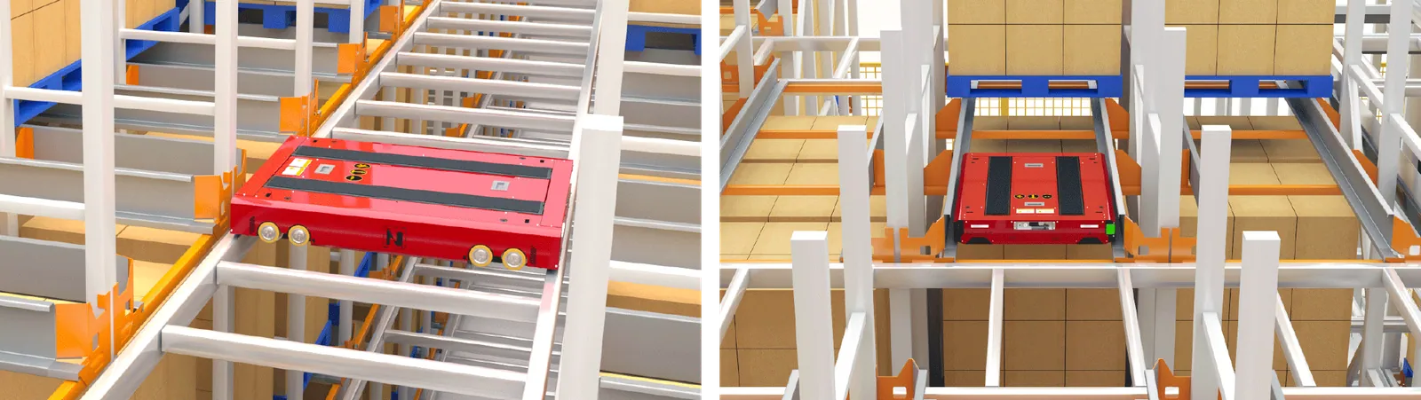 Four-way 3D omni pallet shuttle moving across multiple levels and aisles in a high-density pallet storage system