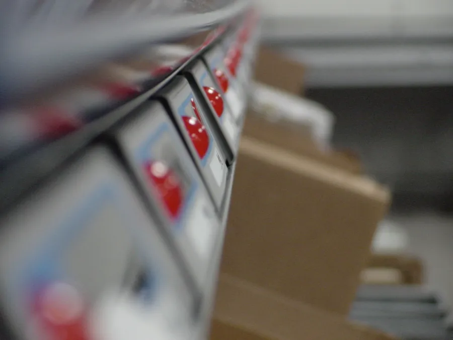 Close-up detail of pick-to-light display units with illuminated red confirmation buttons