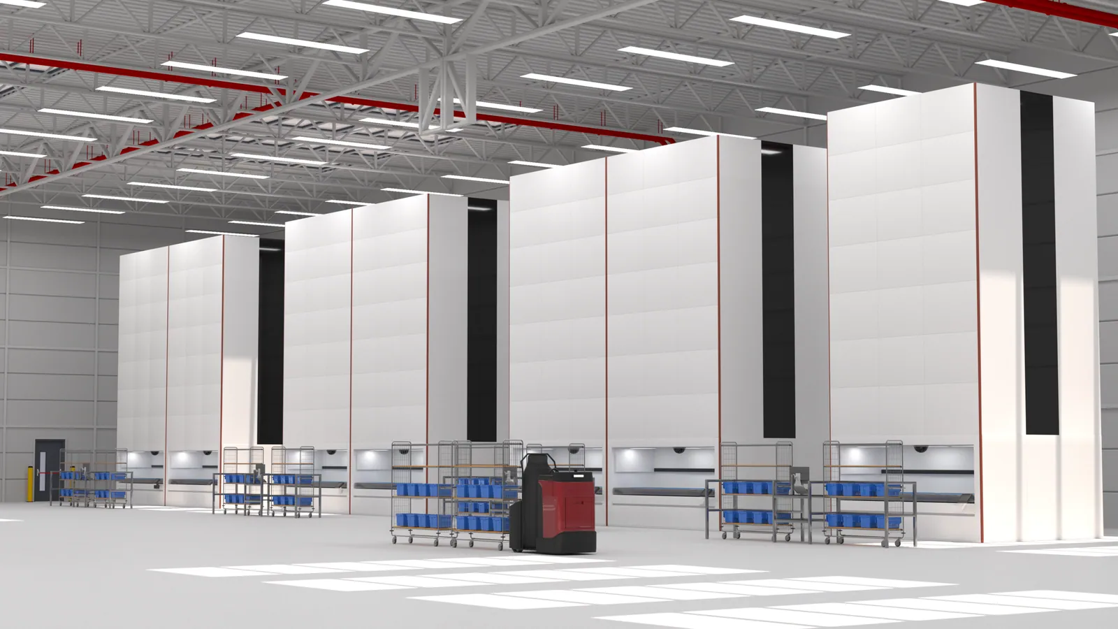Vertical storage system (VLM) with dual tray columns and a central extractor delivering a tray to the operator access window
