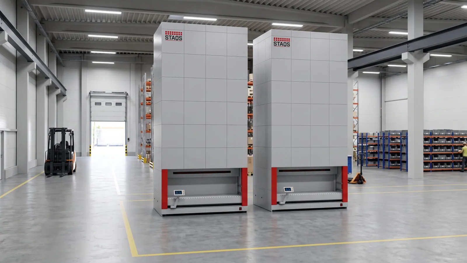 Vertical storage system (VLM) with dual tray columns and a central extractor delivering a tray to the operator access window