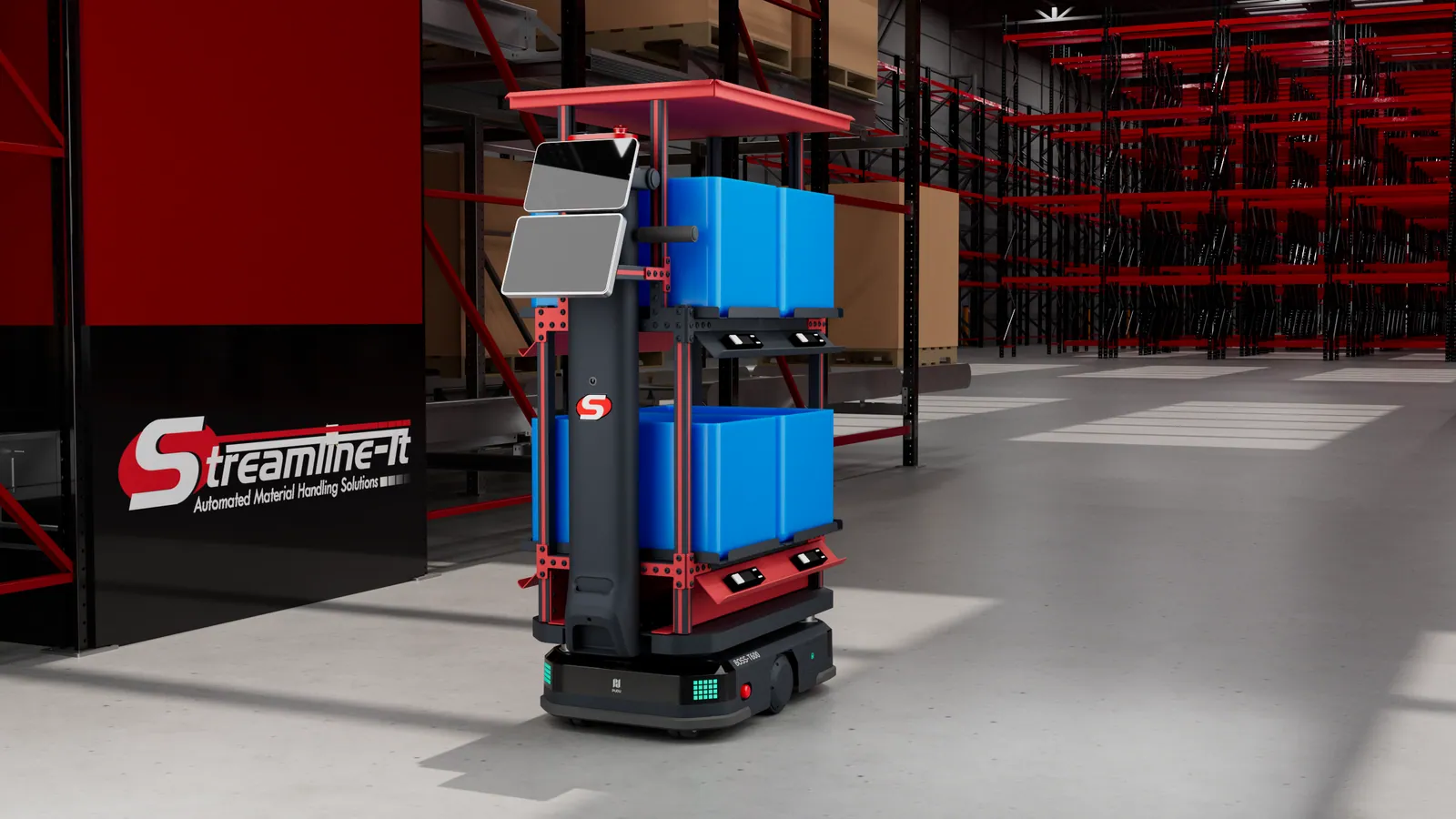 Autonomous mobile robots navigating a warehouse floor to transport goods without fixed infrastructure