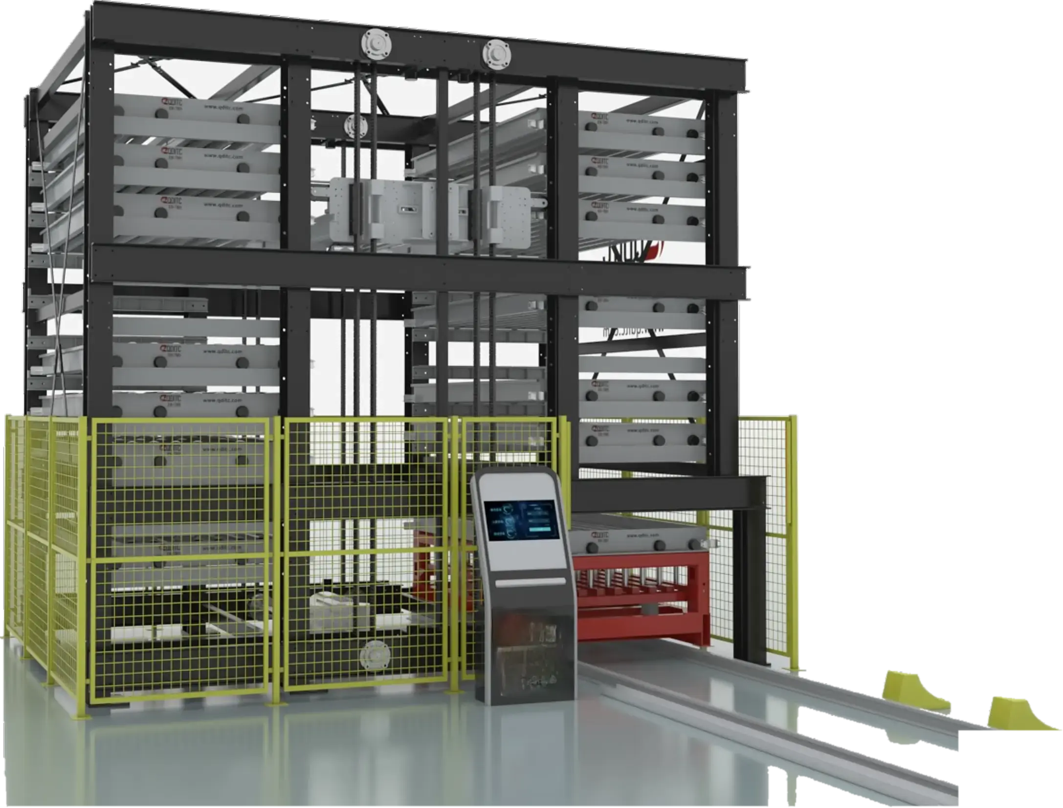 Long parts AS/RS tower with stacked cantilever trays, a central extractor, safety fencing, and an operator terminal at the retrieval station